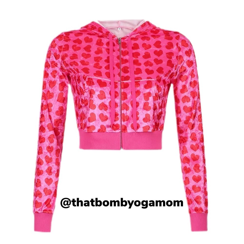 NEW Heart Print Y2K Cropped Hooded Velous Sweater **Blue Only Small *Jacket*